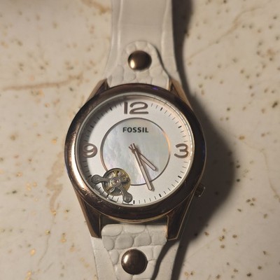 Fossil ME-1106 Open Heart Automatic White Dial Rose Gold, White Leather