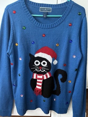 WOMENS UGLY BLUE CHRISTMAS SWEATER - CAT WITH SCARF AND JEWELS - PETITE LARGE