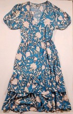 KNOX ROSE Women's Shimmer Blue Floral Wrap Ruffle Hem Midi Dress Size L