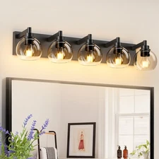 34 inch 5 Lights Glass Shade Black LED Vanity Light Fixture Bathroom Wall Mirror