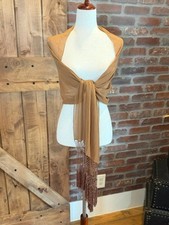 Boho Camel Shawl Wrap Scarf Beaded Fringe Long Rectangle Semi Sheer Cover Up
