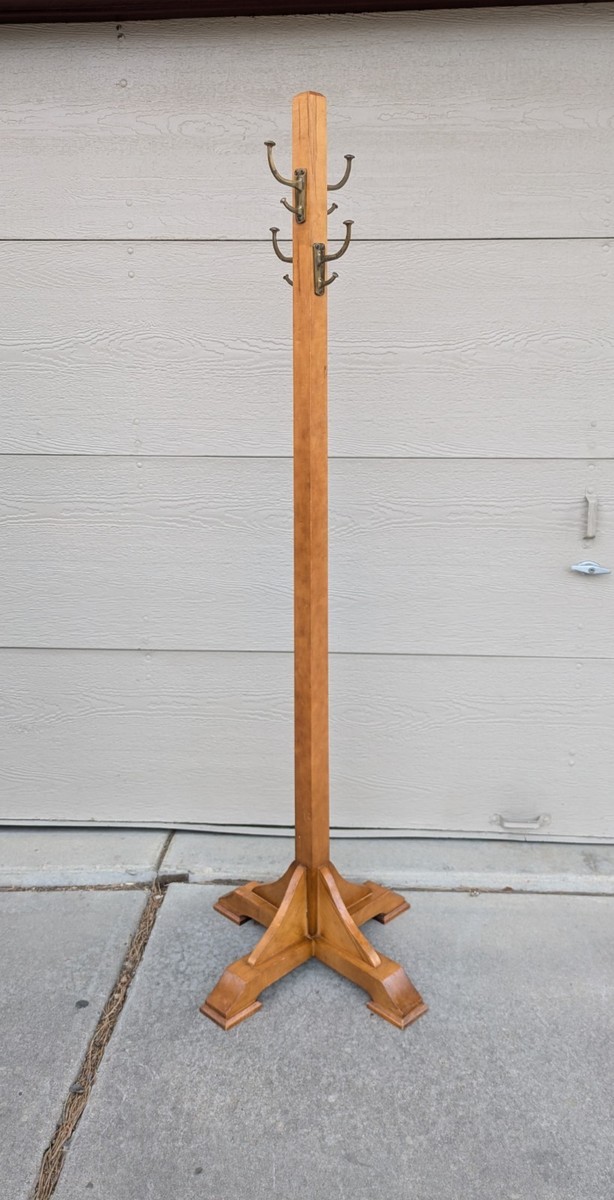 Vintage Industrial Mid Century Modern Maple Coat Rack Brass Hooks