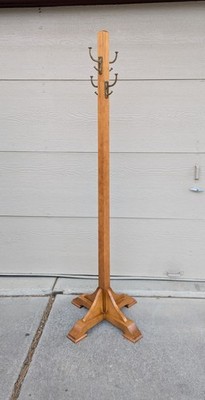 Vintage Industrial Mid Century Modern Maple Coat Rack Brass Hooks