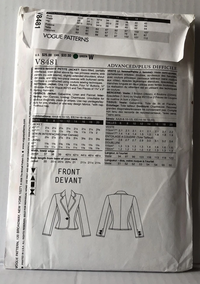 Vogue V8481 Claire Shaeffer Custom Couture Misses Petite Jacket Uncut Sizes 6-12 - Image 4 of 4