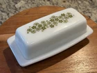 Vtg Pyrex Green Spring Blossom Crazy Daisy 7” Butter Dish w/Lid USA