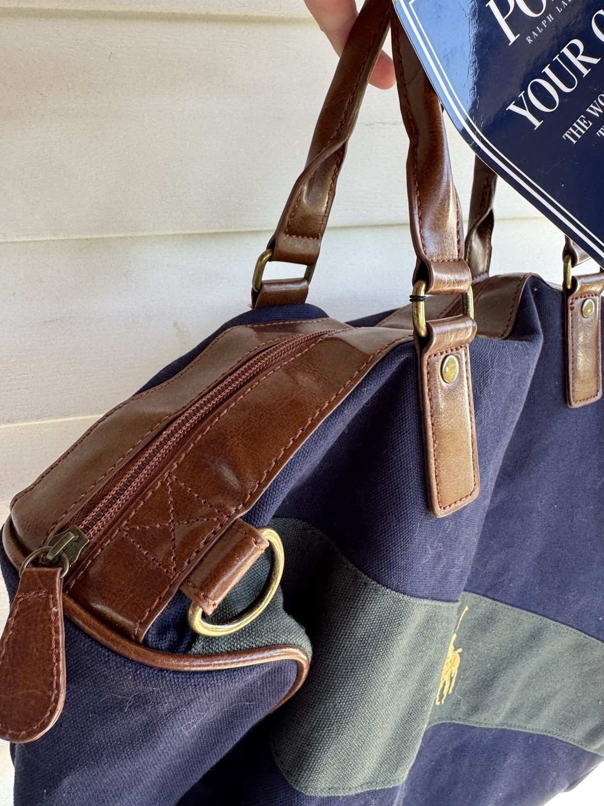 PONY Borsone da viaggio in tela blu verde profumo Polo Ralph Lauren vintage nuovo con etichette