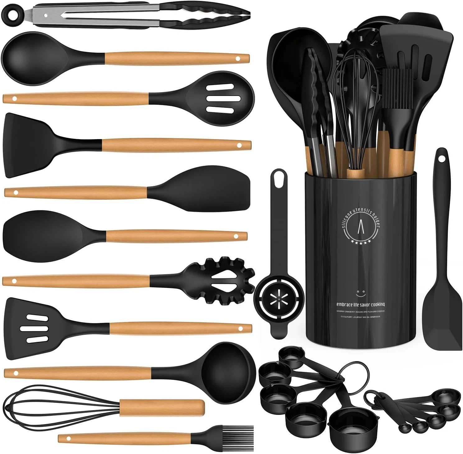 Silicone Cooking Utensils Set - Silicone Kitchen Utensils for Cooking Wooden Ha