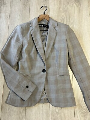 Zara Women's Gray Blue Plaid One Button Slim Fitted Blazer Jacket
