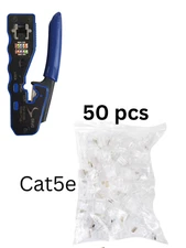 RJ45 Pass Through Crimping Tool with 50 RJ45 Cat5e Pass Through Connector Plugs