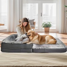 2 in 1 Human Dog Bed Foldable Calming Giant Dog Bed Faux Fur & Bolstered Pillow