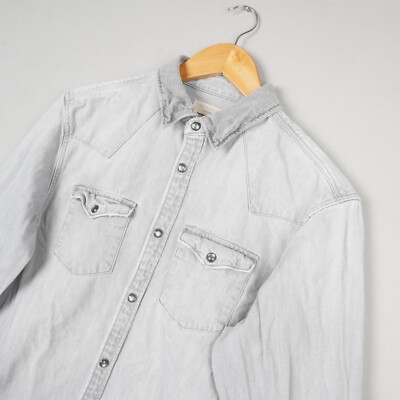 AllSaints Jeanshemd Herren Medium Grey Giro Pearl Snap Western Cowboy Distressed