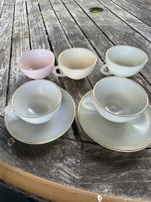 Vintage Arcopal Harlequin France Pastel Opalescent Pink White 5 Cups 2 Saucers