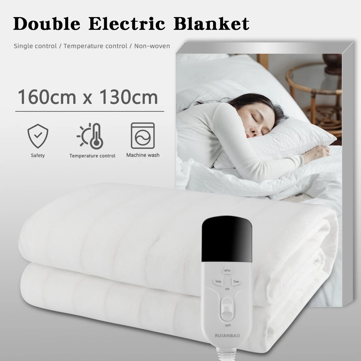 RUIANBAO Electric Heat Blanket Under Bed Heated Blanket 3 Heat Settings  160*130 | eBay