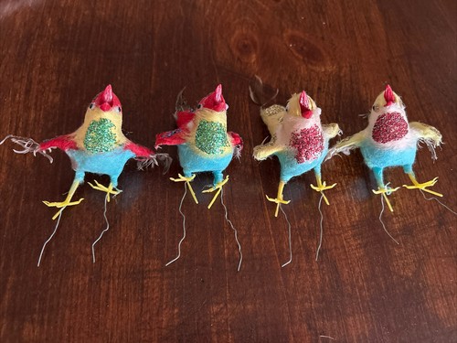 Lot Of 4 Vintage Feather Cotton Spun Blue Glitter Bird Ornaments Holiday Decor