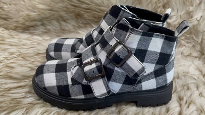 SO Fettuccine Women's Ankle Boots White Black Buffalo Check Size