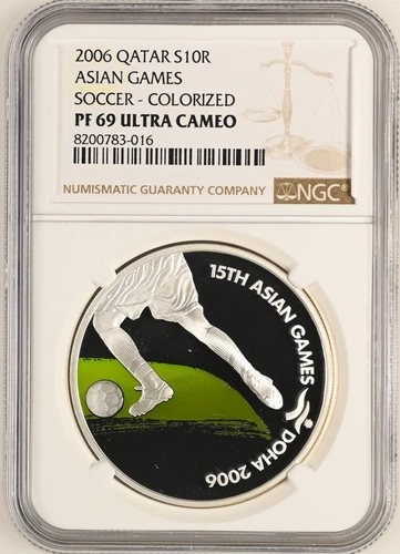 QATAR 10 Riyals 2006 Silver NGC PF69 Soccer Football