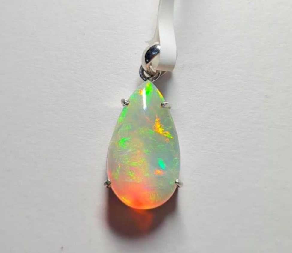 Natural 13 Ct White Multicolor Opal 925 Solid Silver Pendant Gemstone Pear Cut