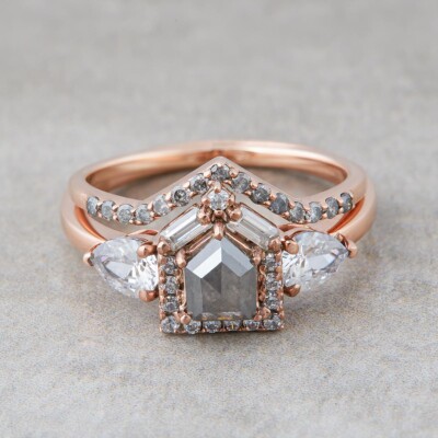 Salz Und Pfeffer Diamantring Shield Rose Schliff Moissanit Verlobungsring Set