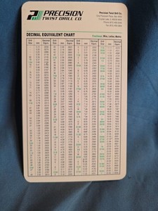Vintage Precision Twist Drill Decimal Equivalents & Tap Drill Sizes Chart