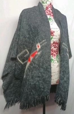 Womens Black XL Thunderbird Poncho Cardigan Western Shawl Aztec Tribal Cabin