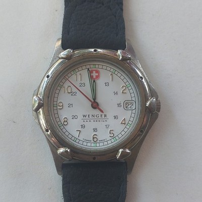 Wenger SAK Design Swiss Made Quartz Wristwatch Date White Dial Black Leather