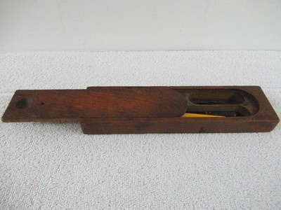 Old Wooden Writing Pen Box Set w/contents, Slide Top w/incised edge decoration