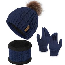 Winter Kids Hat and Gloves Set for Boys Girls Toddler Pompom Knit Navy Blue