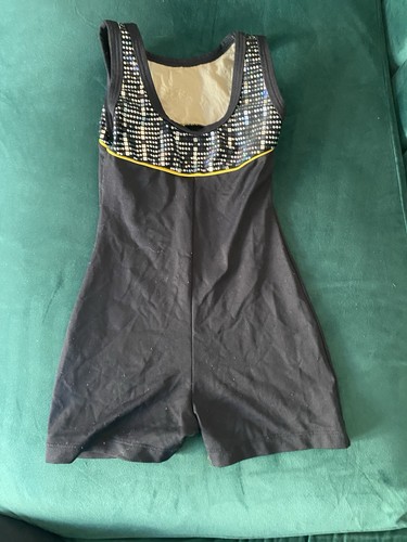 EUROTARD Black Gymnastics Leotard w/Sequins/yellow stripe, Size Youth 8 - Picture 2 of 7