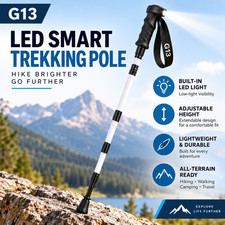LED Smart Trekking Pole G13 Adjustable Height Hiking Stick Multi-Tool White New