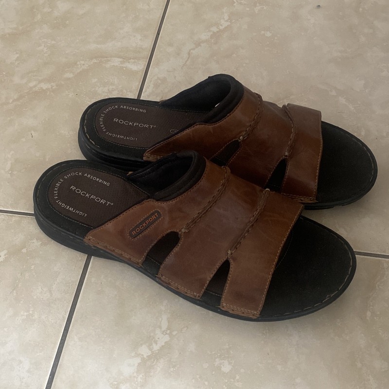 Rockport Darwyn Sandals Brown Leather Open Round Toe Slide Flats Size 13W