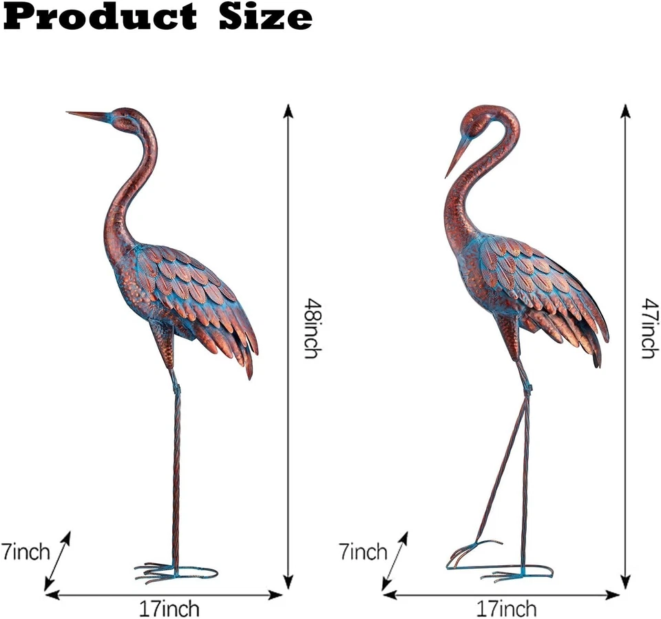 Elegantes estatuas de grúa garza pátina - arte de jardín exterior de metal hecho a mano, juego de 2 Foto 4 de 4