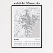 Sendai City Map Print, Miyagi Travel Poster, Modern Map, Wall Decor Art