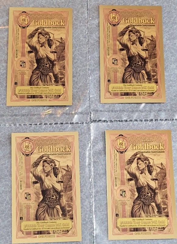 4 Gold Idaho 1/4 Goldback Notes 1/4000th 24kt Gold