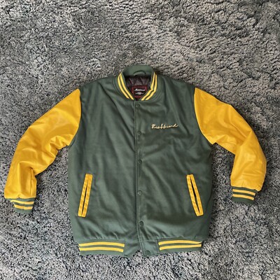 Custom Made Rich Friend Button Up Green Yellow Varsity Drill Large Jacket