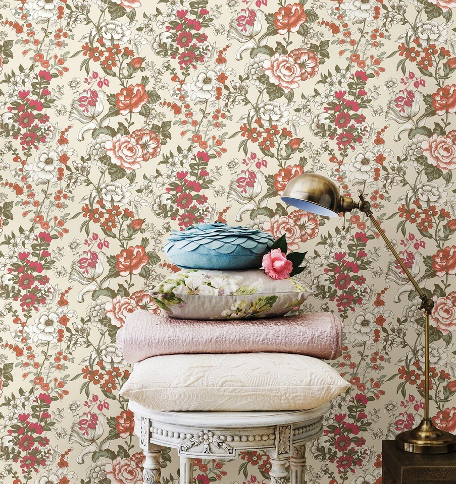 A Street Prints Kismet Ainsley Farmhouse Boho Grey Pink Mint Floral Wallpaper - Image 4 of 4