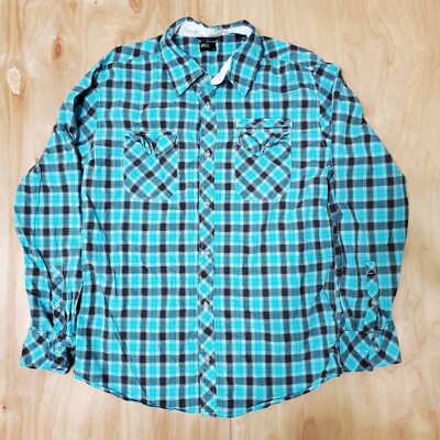 BKE Brand Western Cowboy Shirt Mens Large Blue Turquoise Plaid Long Sleeve