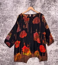 Citron Santa Monica Top XL Womens Black Floral Rose Tunic Blouse