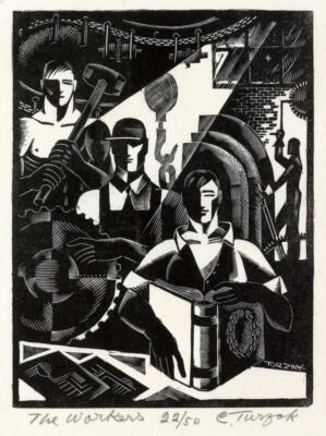 The Workers 1935 by Charles Turzak   American WPA Modernist Woodcut Labor Print