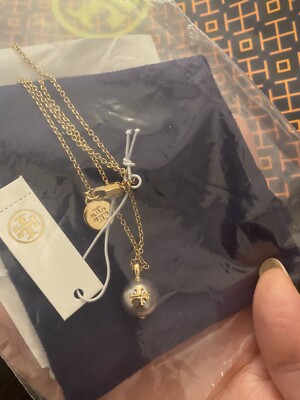 Authentic Tory Burch Ivory Gold Logo Grey Pearl Chain Necklace