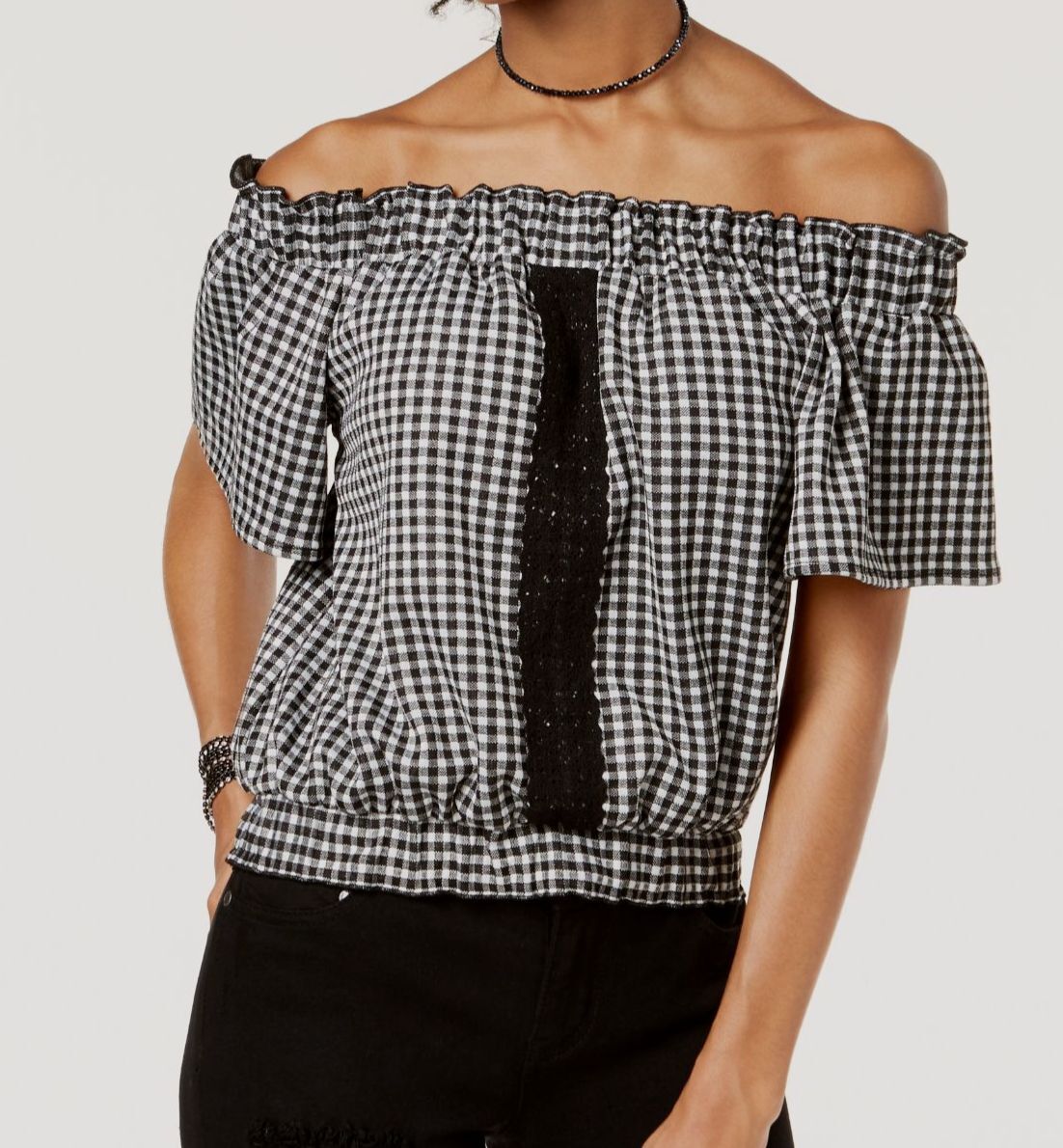 $39 The Edit Women's Juniors' Black Off-The-Shoulder Gingham Top Size L