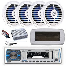 Pyle Bluetooth Marine Radio,Cover,Antenna, Amp,Kit, 4x 5.25'' 100W White Speaker