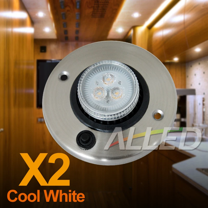 2X 12V LED Eyeball Cabinet Lights Round Aluminum with Switch Cool White RV Boats