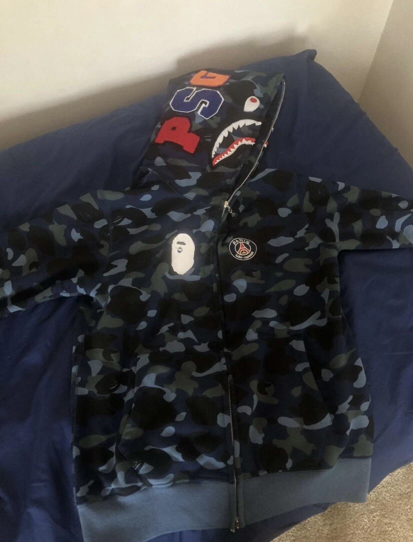 BAPE x PSG Shark Full Zip Hoodie Navy Men's - FW18 - US