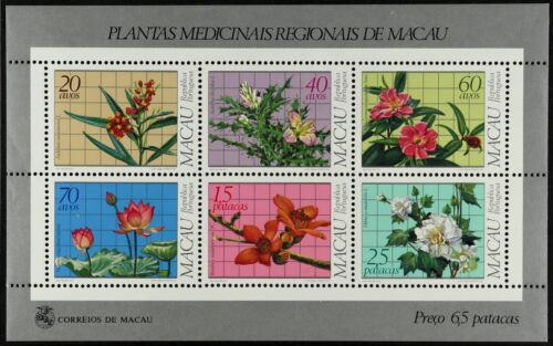 KOLONIE PORTUGALSKIE MAKAU 1983 Rośliny medyczne mini arkusz, SG MS584, NHM, świeże - Zdjęcie 1 z 1
