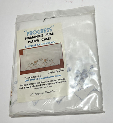 PROGRESS Tobin Pillow Cases {2} Stamped Embroidery Flowers Floral Kit NEW SEALED