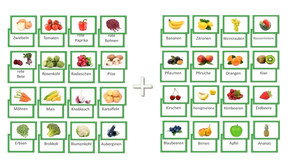 LYSCO® 2 x 16 Stück Bildkarten Obst & Gemüse Vokabelkarten Lernkarten folienkaschiert