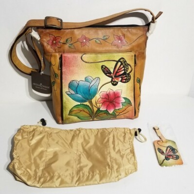 Anuschka Butterfly & Floral Hand Painted Brown Leather Shoulder Bag   New  