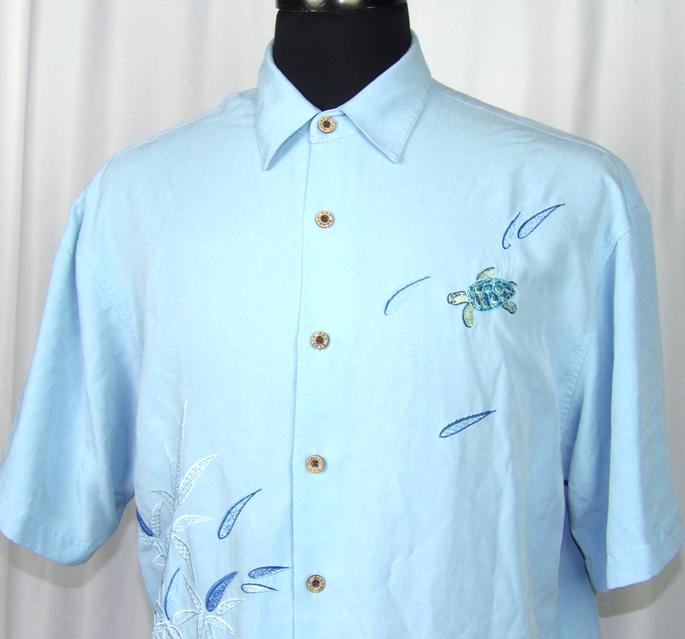 Short Lighter BAMBOO CAY Short Sleeved Light Blue Embroidered Hawaiian Shirt Men's ...