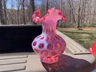 Fenton Cranberry Pink Opalescent Coin Dot Ruffled Top  Crimped Vase VTG