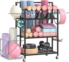Multi-Functional Home Gym Storage Rack for Weights & Yoga Mats, Rolling Organize